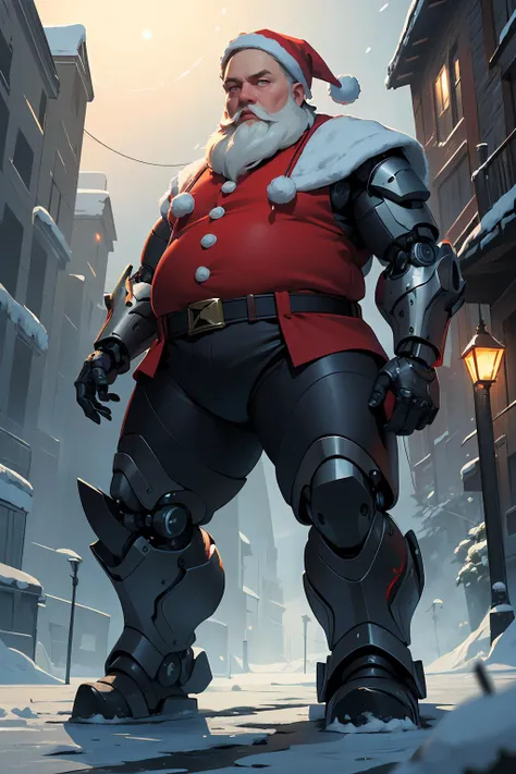(masterpiece, best quality, highres, high resolution:1.2), extremely detailed, intricate details, 1boy, old man, overweight, solo, looking at viewer, ai overlord santa, artificial intelligence, overlord, santa, prosthetic limbs, robot, cyborg, glowing red eyes, outdoors, snowy, north pole, (cinematic lighting, bloom, volumetric),
