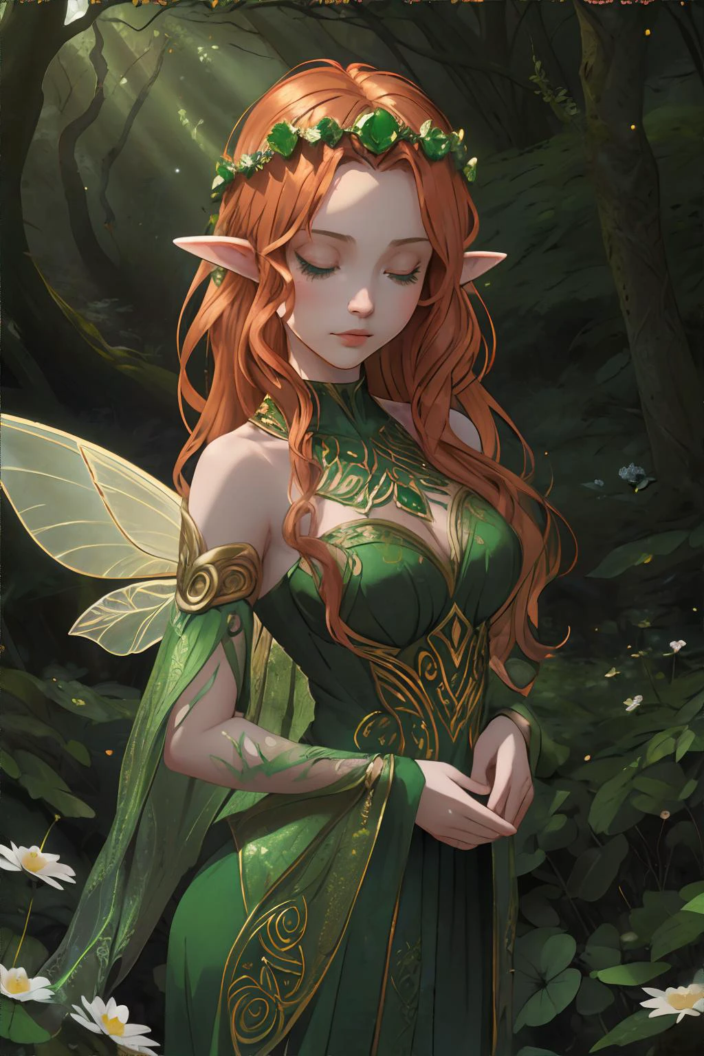beautiful celtic fairy woman, sidhe, Aos Sí, long wavy (auburn|red) hair, shimmering gold fairy wings, daisy clover flower crown, wearing long flowing emerald green gown with intricate gold embroidery, elf ears, posing in mystical irish forest, early morning, mist, atmospheric lighting, looking away from viewer || atmospheric portrait of a beautiful fairy woman, forest, soft fabric, shimmering details, masterpiece, 8k, high resolution, shallow depth of field, sharp focus