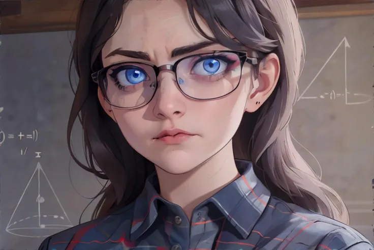 <lora:mathlady-incursio:1.00>, MathLadyMeme, text, english text, <lora:bzl:0.8>, bzl_test, glasses, flannel shirt, (blue|grey) eyes, <clip:skip:2> || skin, hair, text, chalk, masterpiece, 8k, high resolution, shallow depth of field, sharp focus