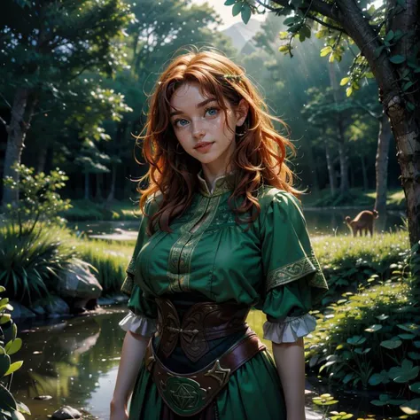 (masterpiece, best quality, highres, high resolution:1.2), extremely detailed, realistic, intricate details, (cinematic lighting, bloom, volumetric),(art inspired by Ruan Jia), a 19 year old smiling celtic woman with curly hair, freckles, ginger red hair, deep green eyes, celtic traditional inspired clothing with gold, model, surrounded by clovers in the background, ancient celtic ruins, nature, lake, rainbow, deers in the background, <lora:FilmVelvia3:0.8>,  <lora:add_detail:0.8>, <lora:_20230926105742:0.8>