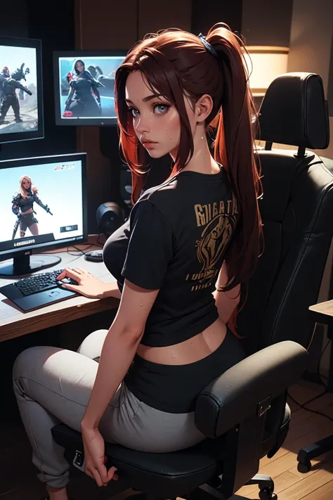 (masterpiece, best quality, highres, high resolution:1.2), extremely detailed, realistic, intricate details, Gabby, a pretty  22-year-old latina with a petite figure, , from back,  ,   tee shirt, sweat pants, sitting in gaming chair, gaming computer, rgb keyboard, RPG game on monitor