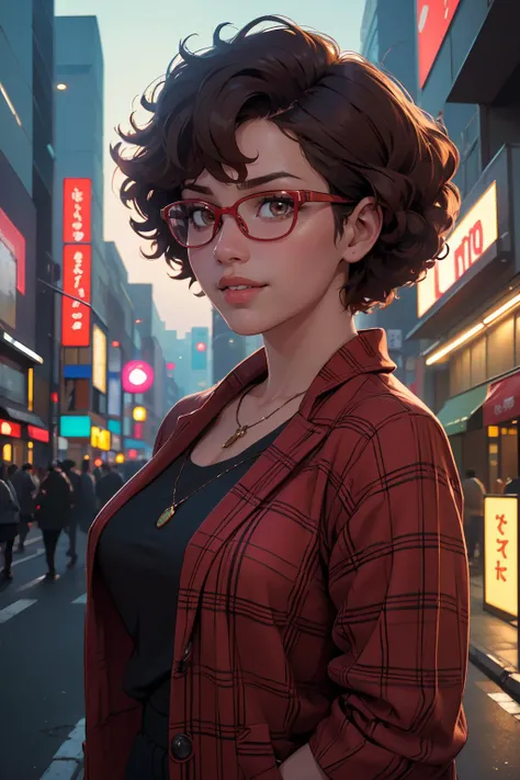 (masterpiece, best quality, highres, high resolution:1.2), extremely detailed, realistic, intricate details, 1girl, solo, looking at viewer, red plaid jacket, short hair, curly hair, afro, brown hair, brown eyes, glasses, round eyewear, necklace, smile, neon-lit Tokyo street backdrop, night city lighting, <lora:weight_slider_v2:0.65>, (cinematic lighting, bloom, volumetric),