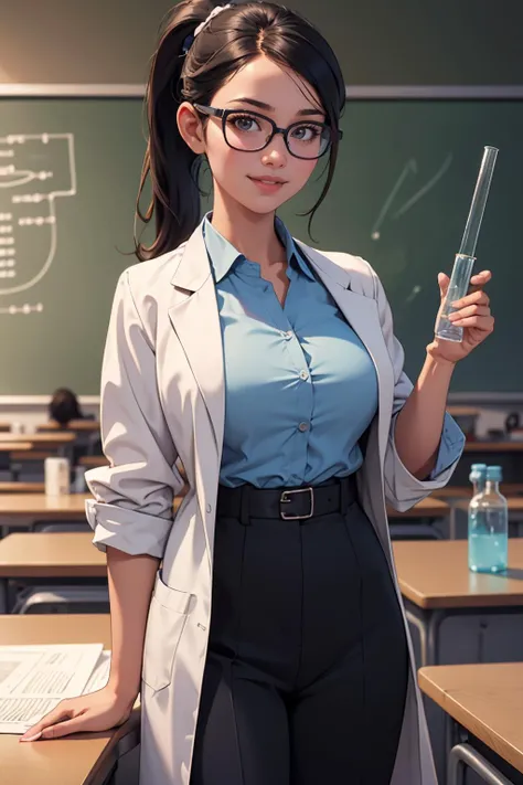 (masterpiece, best quality, highres, high resolution:1.2), extremely detailed, realistic, intricate details, Leilani, 21 year old Hawaiian and Polynesian woman, medium natural breasts, beautiful face, , classroom, lab coat, goggles, standing behind science equipment, holding test tube, hair in pony tail, slacks, dress shirt, sfangle, smiling, glasses