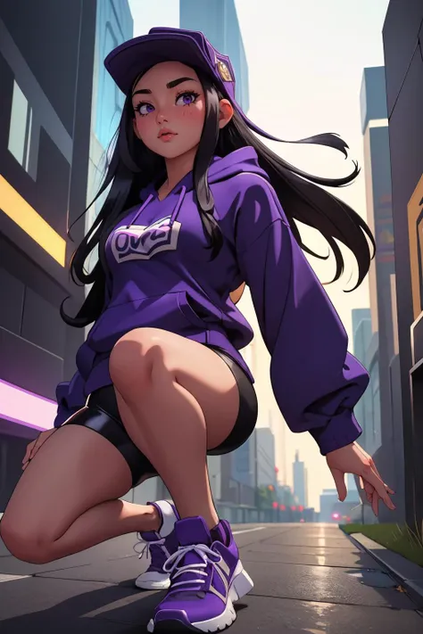 ultra detailed, sharp focus, best quality, masterpiece, colorful, <lora:cassettegirl-nvwls-v1:0.8> cassettegirl, hat, purple hoodie, short shorts, sneakers, POV, looking at the viewer, best quality, dynamic lighting, masterpiece, intricate details