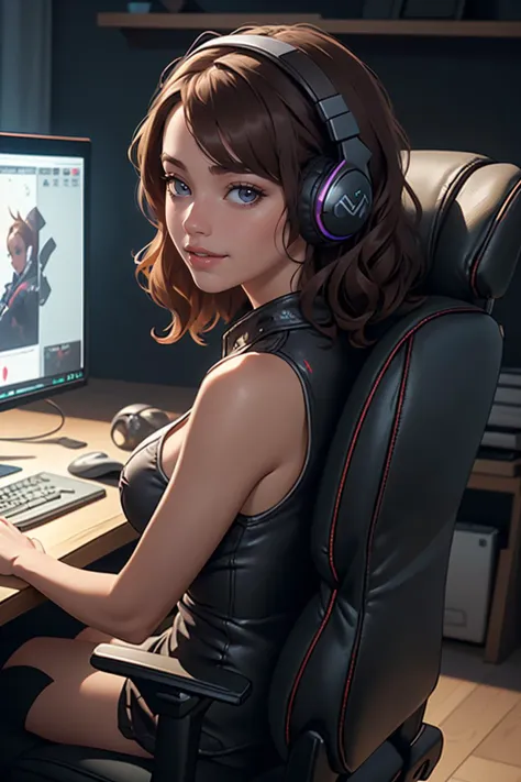 (masterpiece, best quality, highres, high resolution:1.2), extremely detailed, realistic, intricate details, Jamie, 21 year old woman, pretty face, medium breasts, (short wavy hair), short brown hair, , from back, grinning ,   <lora:GamerFashion-rgb-V1:1> rgb, headphones, gamer, sitting in gaming chair, gaming computer, rgb keyboard, RPG game on monitor