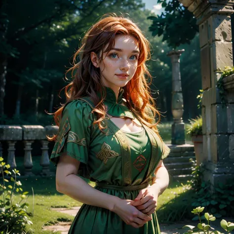 (masterpiece, best quality:1.5), highest quality, High resolution, super detailed, Realists, Upper body photo of a red-haired archer, detailed and beautiful eyes, beautiful detailed lips, very detailed eyes and face, longeyelashes, Archer in shiny silver satin dress, Simple details in the fabric. Beautiful and colorful makeup, open hair, Gardens as background, bright daylight, bright colors, fine brushstrokes, Portrait style, beautiful color palette, glowing skin, First-class rendering, that captures every detail, enchanting atmosphere, (perfect anatomy:1.2), (The stunning archer holds a bow. (magnificent panorama view:1.2)