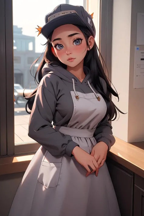 ultra detailed, sharp focus, best quality, masterpiece, colorful, <lora:cassettegirl-nvwls-v1:0.8> cassettegirl, hat, grey hoodie, dress, long skirt, white apron, blush, shy pose, POV, looking at the viewer, best quality, dynamic lighting, masterpiece, intricate details