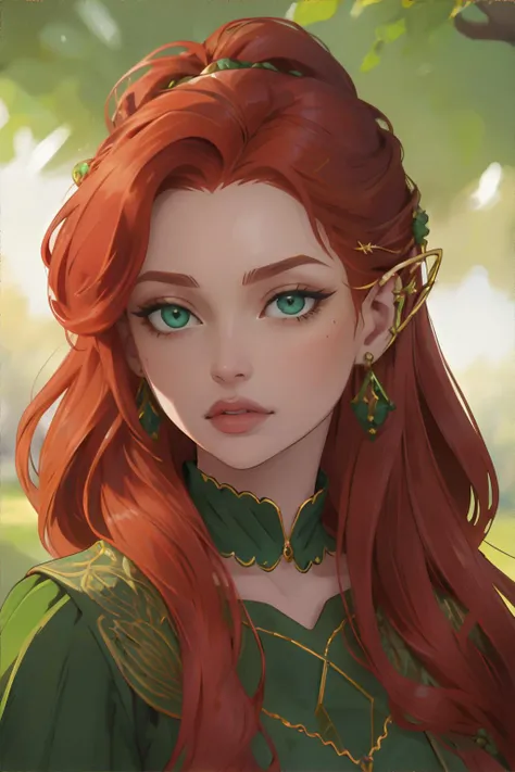 <lora:elfearcuffs:0.8>, 3lf3ars, earrings, jewlery, redhead woman, gold earrings, green dress with green embroidery, portrait || illustration, jewelry, masterpiece, 8k, high resolution, shallow depth of field, sharp focus