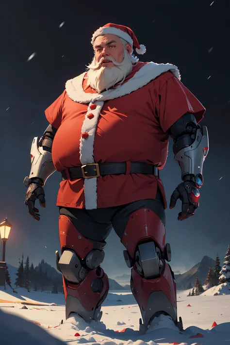 (masterpiece, best quality, highres, high resolution:1.2), extremely detailed, intricate details, 1boy, old man, overweight, solo, looking at viewer, ai overlord santa, artificial intelligence, overlord, santa, prosthetic limbs, robot, cyborg, glowing red eyes, outdoors, night, snow, north pole, arctic wasteland, (cinematic lighting, bloom, volumetric),