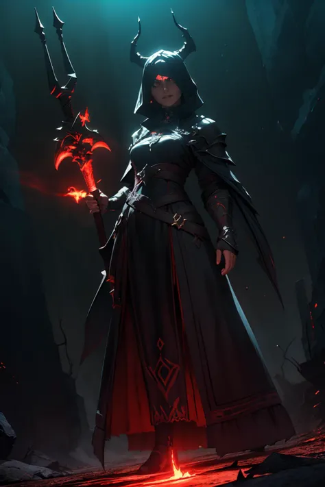 breathtaking concept art ((legendary dark mage lord)), black coat. (cave scenery), dark atmosphere, (vibrant colors), ((red sparks coming from the eyes)), eyecatching, mysterious and scary, dark fog, cave light, hd, 8k, masterpiece, trending on artstation, (depth of field), lot of details, highly detailed, style of Greg Rutkowski and Bastien Lecouffe-Deharme, award-winning, professional, highly detailed,large breasts