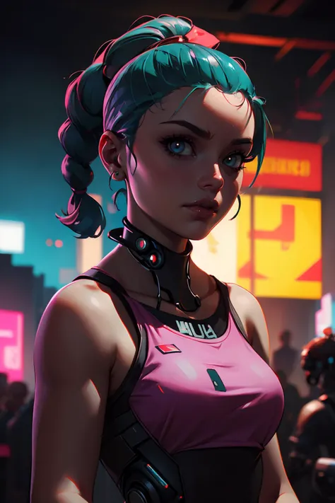highres, masterpiece, realistic, perfect lighting, bloom, cinematic lighting, adult, female, looking at viewer, (cyberpunk, cybernetic:1.2), <lora:Bulma_DB:0.8> Bulma_DB, braided ponytail,
