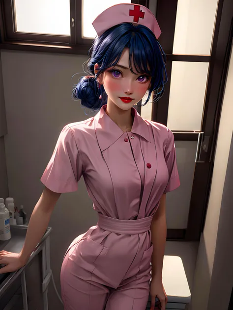 absurdres, highres, ultra detailed, masterpiece, best quality, detailed background, beautiful detailed face, high contrast, best illumination, an extremely delicate and beautiful, cinematic light, dramatic light, hyper detail, intricate details, 1girl, solo, nurse, extremely delicate and beautiful woman, mature, cute and handsome face, smiling, elegant, gentle, neat and clean, clear and fair skin, young and feminine figure, sexy, gorgeous, elegant, medium breasts, nsfw, blue hair, puffy lips, red lips, lipstick, purple eyes, wearing nurse cap, nurse clothes, open clothes, breasts out, standing, shocked, surprised, looking away, focused breasts, infirmary, hospital, window, daylight