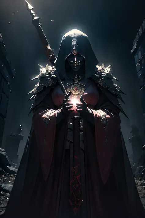 highres, masterpiece, perfect lighting, bloom, cinematic lighting, adult, female, looking at viewer, <lora:Dark_Knight_MINI:1> DRK_Glam, dark armor, wearing DRK_Glam <lora:UnlimitedBladeWorks1.6:1> Scythe, holding, weapon, holding weapon, smug, smirk, angry, ancient temple, dark magic, ominous, rituals, arcane symbols, shadowy, eerie, mystical, foreboding, ancient artifacts, sacrificial, cryptic inscriptions, forbidden knowledge, occult practices, mysterious energy, esoteric, sinister, hidden power, eerie atmosphere, cursed, enchanted, otherworldly, malevolent, haunting, supernatural, ancient rituals