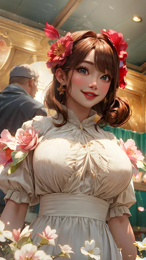 highres, masterpiece, perfect ligthing, bloom, cinematic lighting, adult, mature, perfect skin, from below, big breasts, smile, heavy makeup