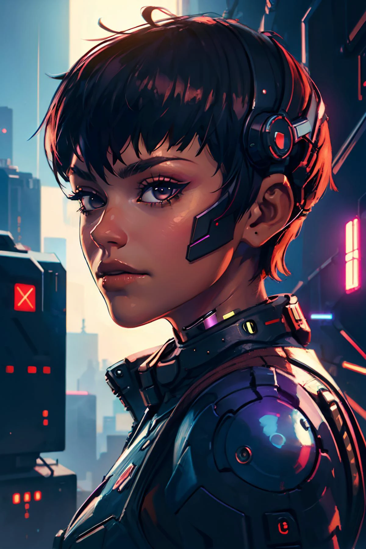 highres, masterpiece, realistic, perfect lighting, bloom, cinematic lighting, adult, female, looking at viewer, (cyberpunk, cybernetic:1.2), <lora:CascaV1:0.8> casca \(berserk\)