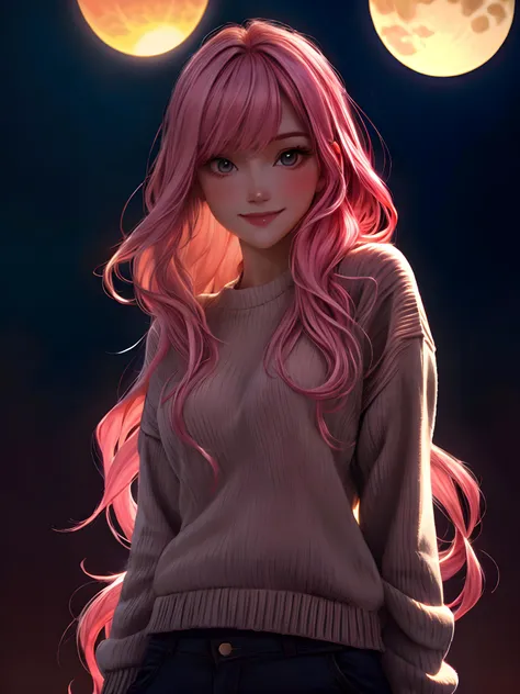 moody instagram photo, lower body photo of 22 years old woman, from below, dressed in long oversized sweater, pink hair, color gradient, bright tips of hair, sun-kissed skin, happy, cute smile, beautiful hazelnut eyes, hard shadows, dark, nighttime, overexposed filter, silhouetted against the bright light