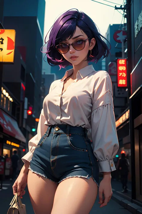 highres, masterpiece, perfect lighting, bloom, cinematic lighting, adult, female, cowboy shot, Tokyo street fashion, colorful hair, oversized sunglasses, dynamic angle, neon-lit Tokyo street backdrop, night city lighting