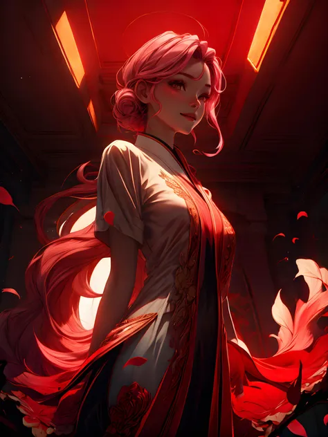 moody instagram photo, lower body photo of 22 years old woman, from below, red night dress, teasing nudity, pink hair, color gradient, happy, cute smile, beautiful hazelnut eyes, hard shadows, dark, nighttime, overexposed filter, silhouetted against the bright light