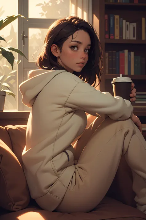 (masterpiece:1.3), (best quality:1.3), (hires, high resolution:1.3), extremely detailed, realistic, ultra realistic, 1girl, hoodie, sweatpants, from side, coffee cup, looking at viewer, sitting on couch, knees up, living room, intricate details, soft lights, window and plants in background, highly detailed, bookshelf,