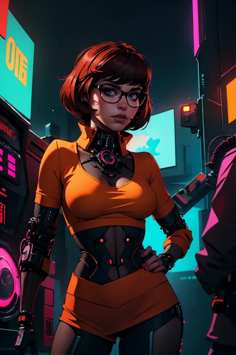highres, masterpiece, realistic, perfect lighting, bloom, cinematic lighting, adult, female, looking at viewer, (cyberpunk, cybernetic:1.2), <lora:velma:0.8> velma, round eyewear, orange top