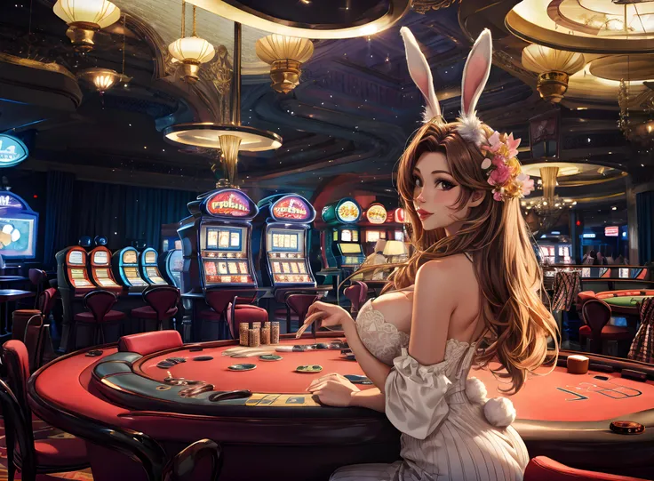 a sexy female rabbit casino dealer in a navy blue suit, crowd, furry, intricate details, high quality, photorealistic, 8k, masterpiece, cinematic lighting, dramatic colors, fantasy