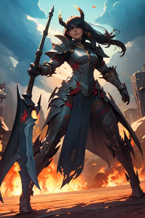 highres, masterpiece, perfect lighting, bloom, cinematic lighting, adult, female, looking at viewer, <lora:Dark_Knight_MINI:1> DRK_Glam, dark armor,  wearing DRK_Glam <lora:UnlimitedBladeWorks1.6:1> Scythe, holding, weapon, holding weapon, smug, smirk, angry, action shot, battle, fierce, intense, combat, dramatic, war-torn, menacing, adrenaline, strike, shadows, relentless, heroic, dark aura, determined, clashes, turmoil, valor, powerful, warrior, epic, clash, intense, conquest