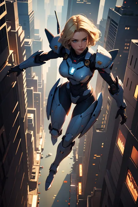 highres, masterpiece, perfect lighting, bloom, cinematic lighting, adult, female, looking at viewer, full body, from above, mecha, city, floating, blonde hair, power armor, dynamic pose,