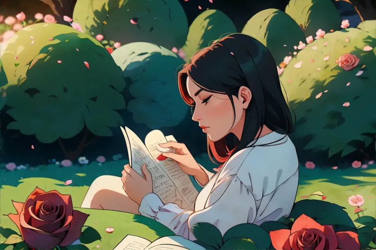 <lora:freshandlight-huacaili:0.8>, 1girl, a woman reading in a rose garden, masterpiece, 8k, high resolution, shallow depth of field, sharp focus