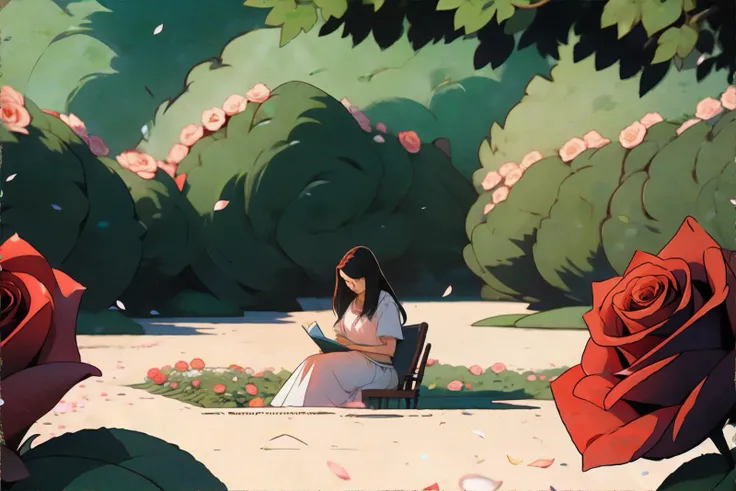<lora:freshandlight-huacaili:0.8>, 1girl, a woman reading in a rose garden, masterpiece, 8k, high resolution, shallow depth of field, sharp focus
