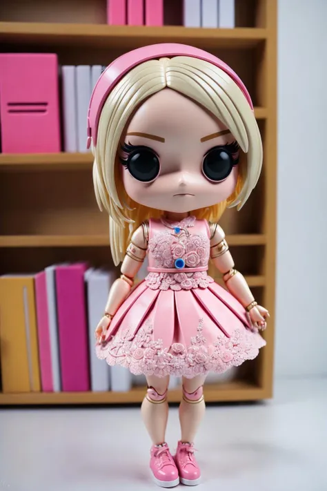 <lora:3DChibi_v1:0.9> masterpiece, highly detailed 8k raw photo, best quality, intricate details, Pale Pink dress blond chibi girl in  xyzcc style, shelf value background