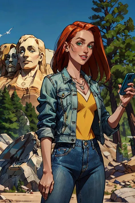 eve, orange hair, green eyes, necklace, denim jacket, yellow shirt, jeans, looking at viewer, smiling, medium shot, standing, holding a cell phone, outside,(mount rushmore), blue sky, trees, high quality, masterpiece, <lora:AtomE-10IV:.7>