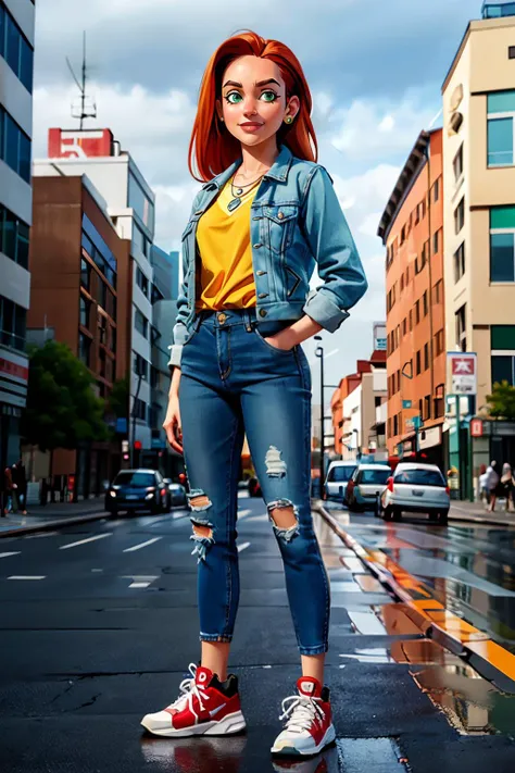 eve, orange hair, green eyes,denim jacket, yellow shirt, necklace, jeans, sneakers, looking at viewer, serious, smiling, standing, outside, city, street, overcast, traffic, high quality, masterpiece, <lora:AtomE-10IV:.7>
