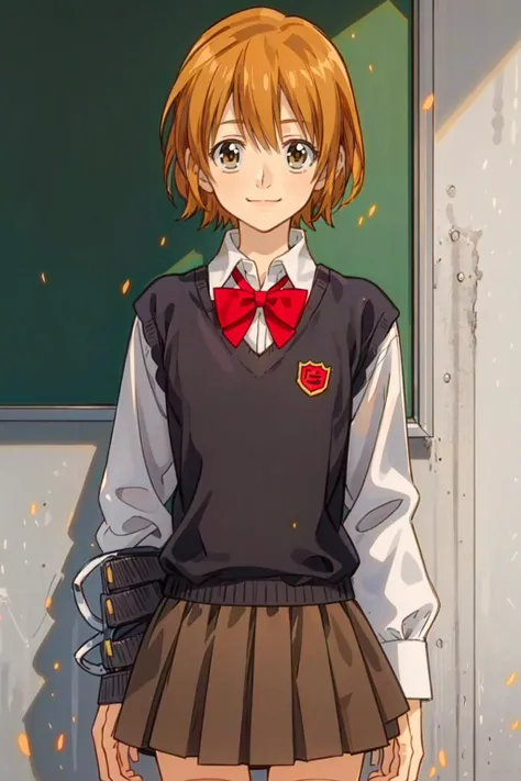 smile, solo, <lora:kyoko1:0.5> kyoko1, short hair, grey skirt, brown hair, shirt, long sleeves, bow, brown eyes, school uniform, white shirt, pleated skirt, bowtie, red bow, black sweater vest, <lora:NishiharaIsao:1> classroom,, ultra detailed, masterpiece, best quality, aesthetic, detailed,