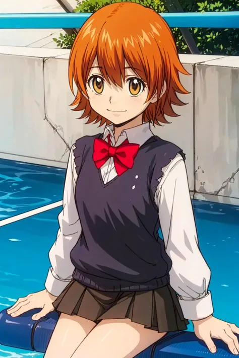 smile, swing, playground, solo, sitting, <lora:kyoko1:0.5> kyoko1, short hair, grey skirt, brown hair, shirt, long sleeves, bow, brown eyes, school uniform, white shirt, pleated skirt, bowtie, red bow, black sweater vest, <lora:NakayamaTooru:1> sketch, mecha,, ultra detailed, masterpiece, best quality, aesthetic, detailed,