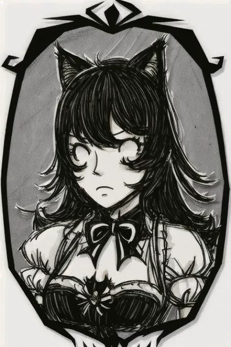 atago (Embarrassed), cat ears. black hair, beautiful and cute face, Brown eyes, best quality, masterpiece, 1girl, upper body, gothic, simple background <lora:DST_v1-08:1>