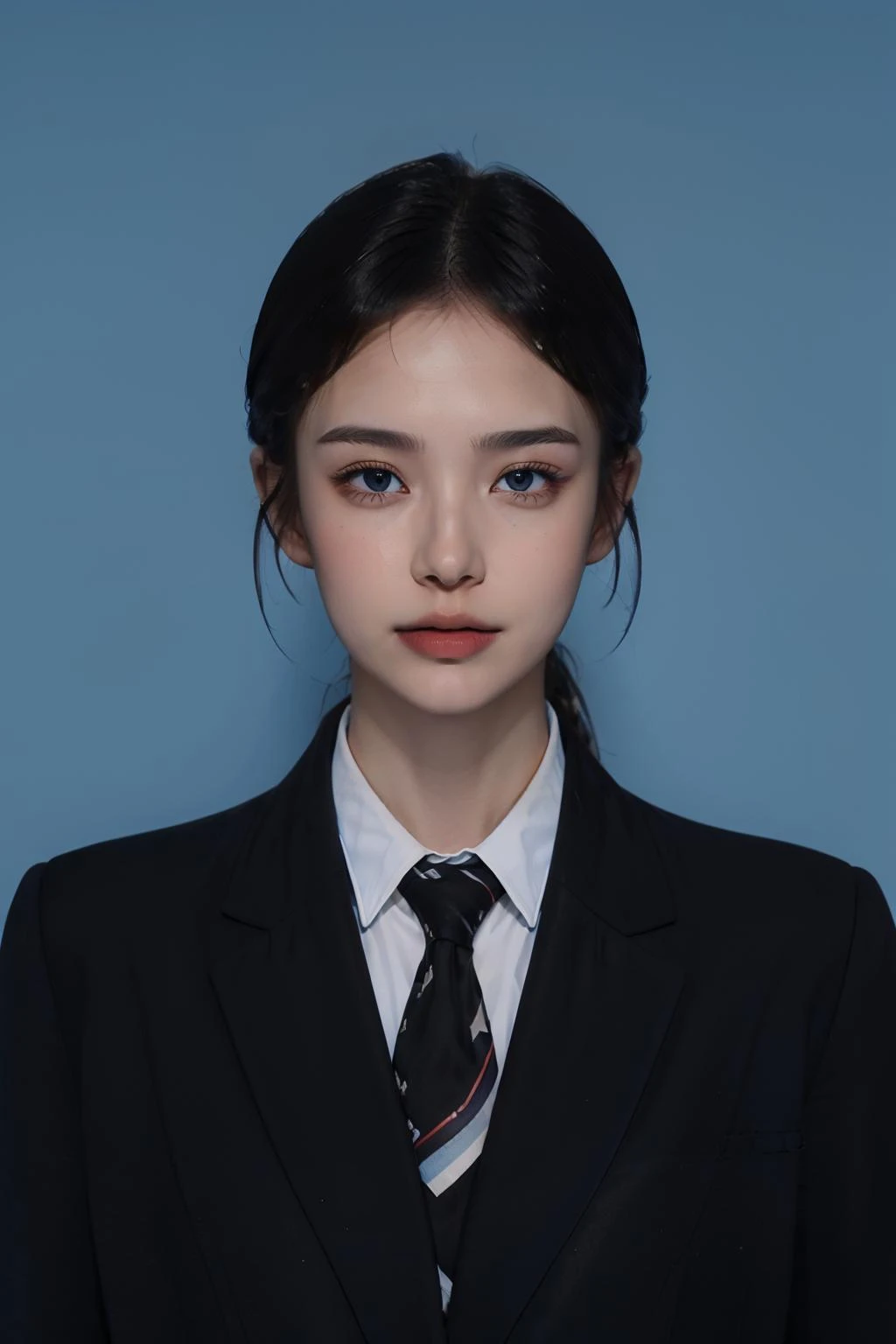 <lora:id photo:0.7>,blue id photo,1girl,necktie,solo,female faces,black hair,black necktie,shirt,jacket,looking at viewer,(black jacket:1.3),formal,white shirt,collared shirt,(suit:1.2),upper body,short hair,(black suit:1.5),realistic,blue background,pure blue background,