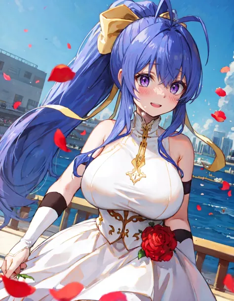 masterpiece, best quality, absurdres, mai, 1girl, solo, giantess, happy, blush, large breasts, curvy, wide hips,
long hair, antenna hair, sidelocks, blue hair, ponytail, hair ribbon,
wedding dress, bridal veil, bridal gauntlets, holding bouquet,
wedding, rose petals, cowboy shot,