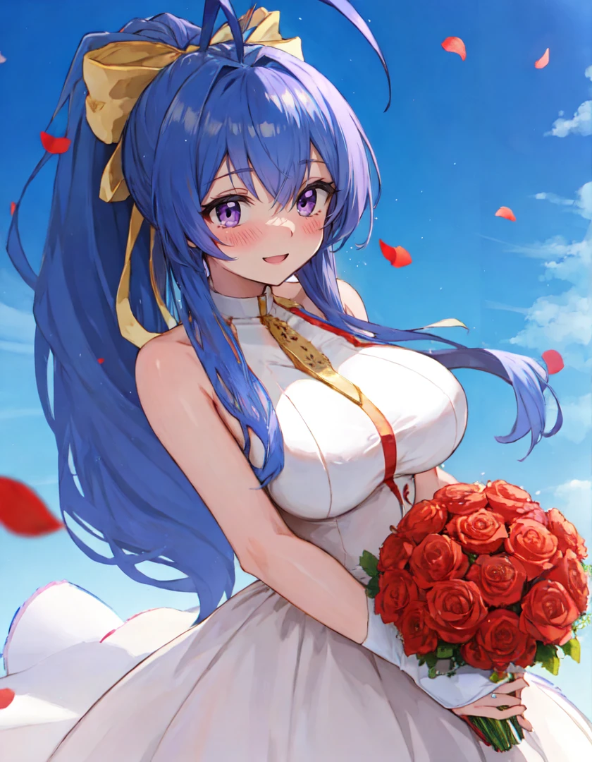 masterpiece, best quality, absurdres, mai, 1girl, solo, giantess, happy, blush, large breasts, curvy, wide hips,
long hair, antenna hair, sidelocks, blue hair, ponytail, hair ribbon,
wedding dress, wedding ring, bridal veil, bridal gauntlets, holding bouquet,
wedding, rose petals,