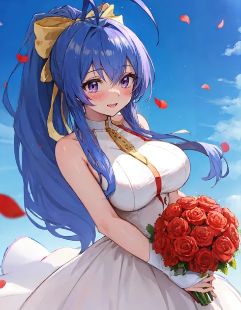 masterpiece, best quality, absurdres, mai, 1girl, solo, giantess, happy, blush, large breasts, curvy, wide hips,
long hair, antenna hair, sidelocks, blue hair, ponytail, hair ribbon,
wedding dress, wedding ring, bridal veil, bridal gauntlets, holding bouquet,
wedding, rose petals,
