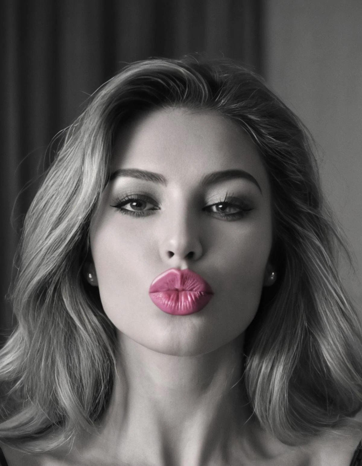 cinematic still dlips, (a head and shoulders portrait of a beautiful woman:1.2), looking at viewer, seductive, naughty face, attractive, elegant, (pink lips:1.1), kiss, POV, (B&W:2.5), (1970s style:1.6) . emotional, harmonious, vignette, highly detailed, high budget, bokeh, cinemascope, moody, epic, gorgeous, film grain, grainy, dlips, (a head and shoulders portrait of a beautiful woman:1.2), looking at viewer, seductive, naughty face, attractive, elegant, (pink lips:1.1), kiss, POV, (B&W:2.0), (1970s style:1.2), intricate, highly detailed, wonderful colors, glowing, sharp focus <lora:Dlips_SDXL_SHS:1>