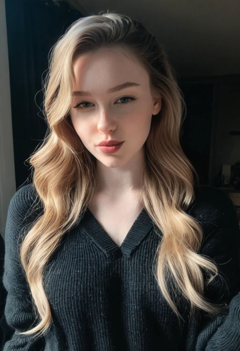 instagram photo, photo of 23 y.o Chloe in black sweater, cleavage, pale skin, (smile:0.4), hard shadows <lora:Dlips_SDXL_SHS:1> dlips
