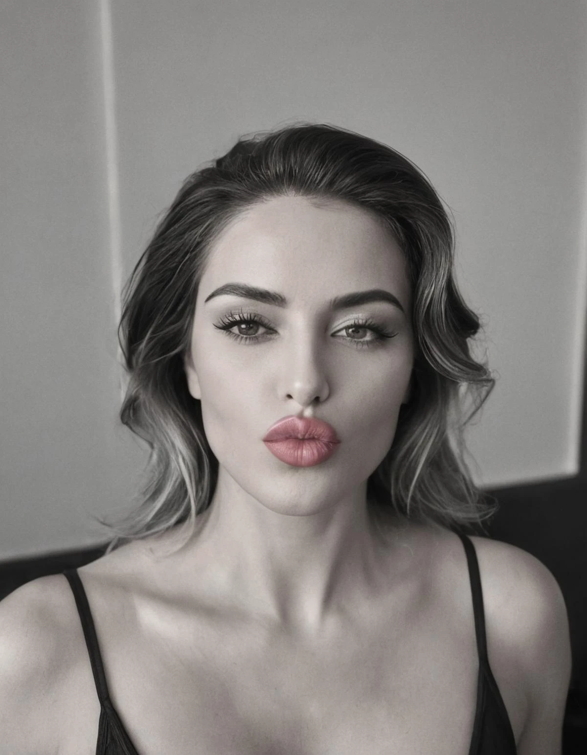 cinematic still dlips, (a head and shoulders portrait of a beautiful woman:1.2), looking at viewer, seductive, naughty face, attractive, elegant, (pink lips:1.1), kiss, POV, (B&W:2.5), (1970s style:1.6) . emotional, harmonious, vignette, highly detailed, high budget, bokeh, cinemascope, moody, epic, gorgeous, film grain, grainy, dlips, (a head and shoulders portrait of a beautiful woman:1.2), looking at viewer, seductive, naughty face, attractive, elegant, (pink lips:1.1), kiss, POV, (B&W:2.0), (1970s style:1.2), intricate, highly detailed, wonderful colors, glowing, sharp focus <lora:Dlips_SDXL_SHS:1>