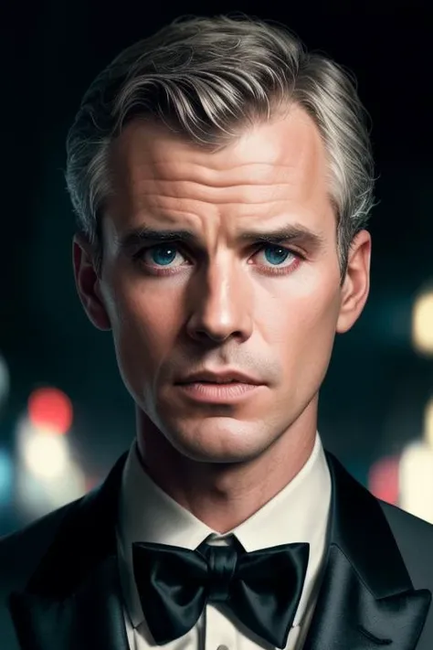 RAW face closeup portrait of a man wearing a tuxedo, professional photography, in blade runner, high resolution, 4k, 50mm, vaporwave, photo by Brooke Shaden, close portrait