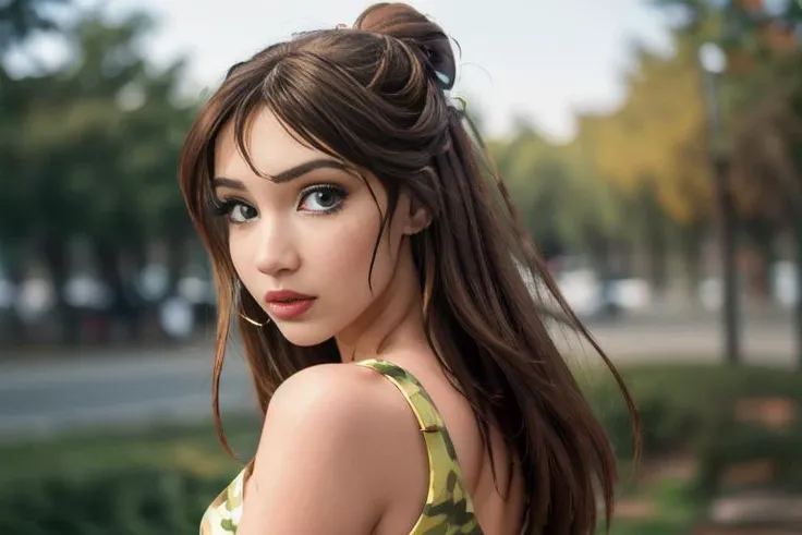 <lora:difConsistency_photo:0.6> camo clothes, <lora:cybergoth-fC_v1.0:0.6> cybergoth resplendent 22yo <lora:JanePorter_character:0.65> JaneWaifu, (HQ photo, masterpiece, RAW photo:1.2), (single hair bun, yellow dress), brown hair, green eyes, cute face, (wearing beautiful South Africa outfit, dynamic posing, from behind) , ((photorealistic), realistic face), medium breasts, beautifully detailed woman, realistic face, detailed mouth, extremely detailed eyes_and_face, beautiful attractive face, beautiful detailed eyes, (photorealistic), pronounced feminine feature, matte eyeshadow, eyelashes, eyeliner, perfect fit body, smooth skin, dynamic posing, toned body, flat belly, perfect feminine hands BREAK color HD photo, , colored light, (full-body shot, high quality photo, masterpiece), HDR, 8K resolution, analogue RAW DSLR, best quality, absurdres, vivid vibrant colors, skin pores, intricate detail, (intricately detailed face_and_eyes), realistic human hands, sophisticated detail, (realistic lighting, sharp focus), centerfold, bokeh, official art, 8k wallpaper, ultra high res, professional photography