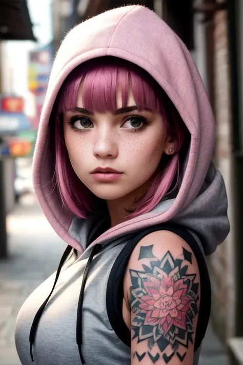 best quality, masterpiece, RAW photo, photorealistic, detailed, woman, hoodie, arm tattoo, portrait, asymmetrical bangs, bandaid, short hair, bangs, breasts, freckles, grey eyes, large breasts, looking at viewer, neck tattoo, nose piercing, pink hair, solo, tattoo on face, upper body, detailed background, town, alley, dark alley, portrait, hood on head, night, angry, close up, closed mouth, masterpiece, absurdres