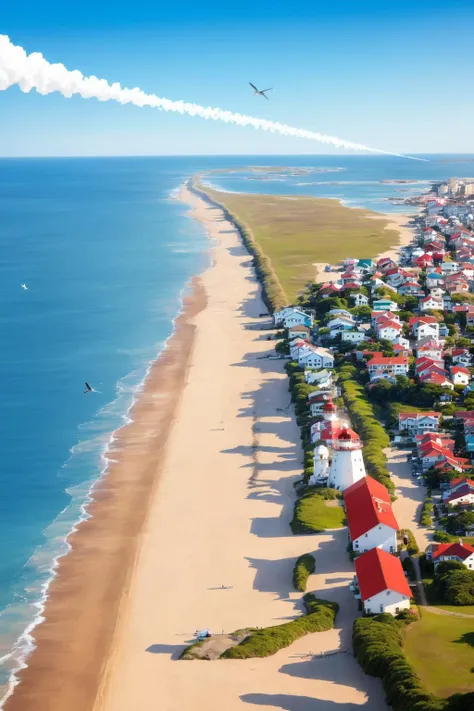 (masterpiece, best quality:1.1), bird's eye view, asymmetrical, blue ocean, low tide, sea waves, coastal road, sandy beach, piers, sailboats, yachts, ship wake, contrail, cars, tourists, lighthouse, seagulls, horizon, breeze, summer, morning, sunny, cloud, calm, fresh air, depth of field