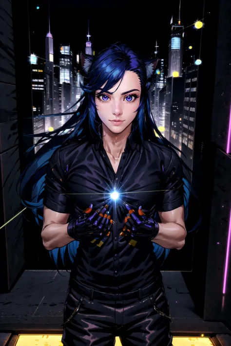 Tobias X'voor, 1boy, male focus, solo, long hair, looking at viewer, animal ears, blue hair, purple eyes, science fiction, realistic, laser<lora:Tobias_Xvoor-000008:1>