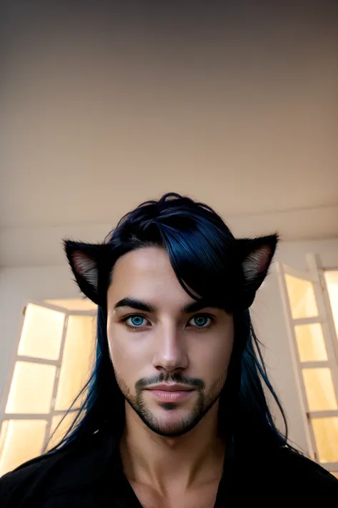 Tobias X'voor, solo, long hair, looking at viewer, blue eyes, shirt, black hair, 1boy, animal ears, closed mouth, blue hair, collarbone, upper body, ponytail, male focus, collared shirt, indoors, cat ears, kemonomimi mode, realistic, stubble, partially unbuttoned, <lora:Tobias_Xvoor-000008:1>