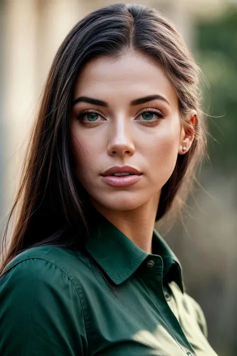 perfect cinematic shoot of a beautiful woman (EP3l30n0r4B01:.99), a woman standing at a castle ruin, perfect high ponytail, wearing sexy green (shirt), (blood moon in background:1.2), (detailed background:1.1), (face focus), modelshoot style, (extremely detailed CG unity 8k wallpaper), professional majestic (photography by Roberto Ferri:1.1), 24mm, exposure blend, hdr, extremely intricate, High (Detail:1.1), dramatic, soft cinematic light, (looking at viewer), (detailed pupils),8k, highly detailed, rich environment, 4k textures, soft cinematic light, elegant, ((((cinematic look)))), soothing tones, insane details, hyperdetailed, ("In Jernau we trust!":1.1),(epiCPhoto)