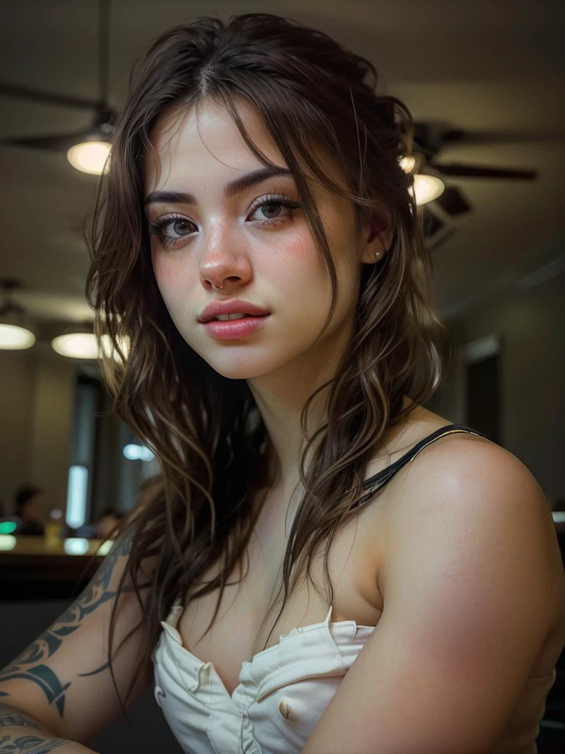 ((low light, soft color image)), 1girl, Hannahowo, egirl model, realistic, full body shot, provocative pose, high details, young sexy, skin details, Ultra-realistic 8k CG,masterpiece, best quality,(photorealistic:1.4), HDR, Professional, lens flare, (film grain:1.1), Bokeh, ((Depth of field)), studio light, portrait, man looking at viewer, ((bar background:1.2)), sensual atmosphere, (tattoo:1), playful surprised, breast, (EOS R8,50mm,F1.2,8K:1.2), <lora:BearlySD:1>, <lora:rpg_v5:1>, <lora:hannah:0.6>, <lora:bichu-v0612:0.2>